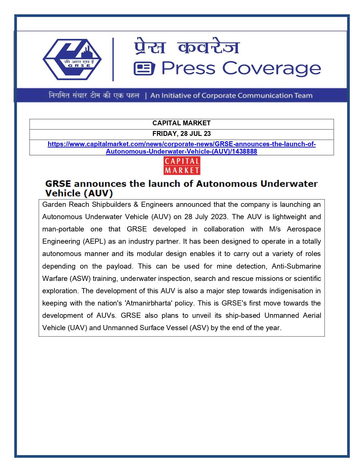 Press Coverage : Capital Market, 28 Jul 23 : GRSE announces launch of Autonomous Underwater Vehicle (AUV)